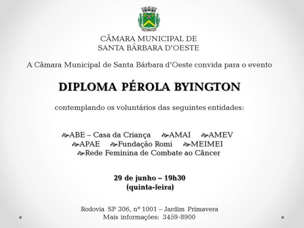 Câmara entrega, amanhã (29), o "Diploma Pérola Byington".